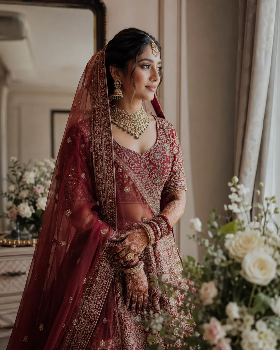 An Indian bride in a quiet moment of anticipation before her ceremony