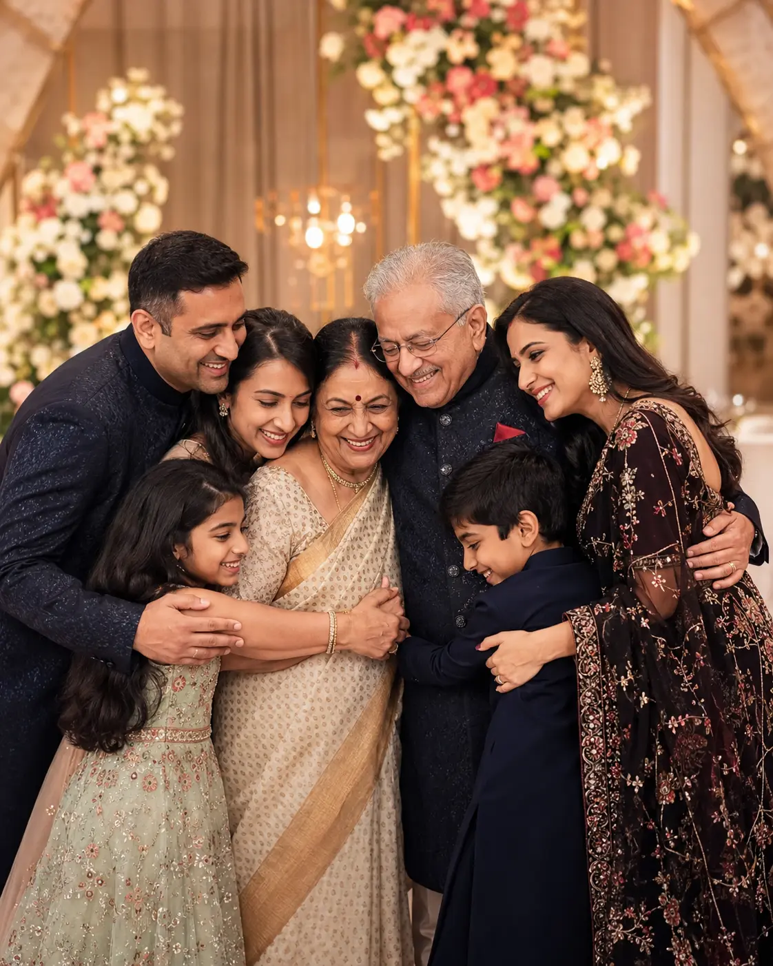 An Indian multigenerational family sharing a warm embrace at a milestone celebration