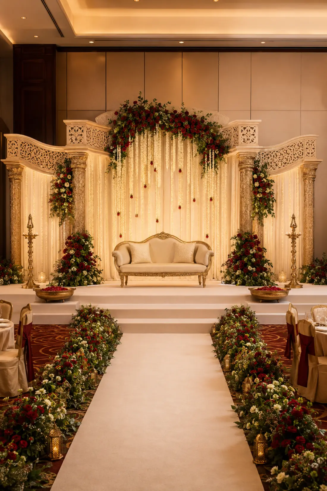 Amara concept for an antique-gold Indian wedding manavarai with burgundy florals